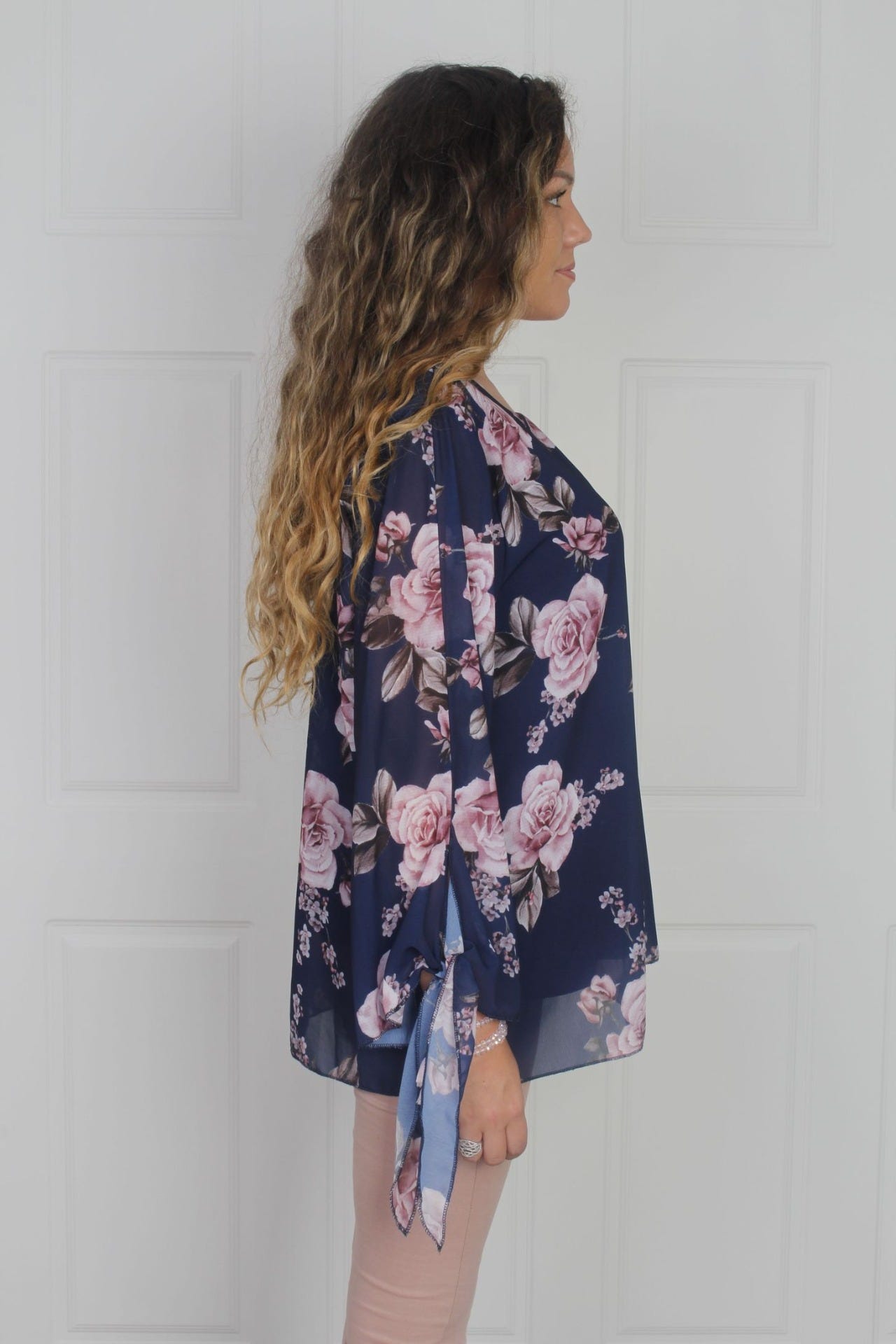 Tunika bluse med binde detalje, floral navy