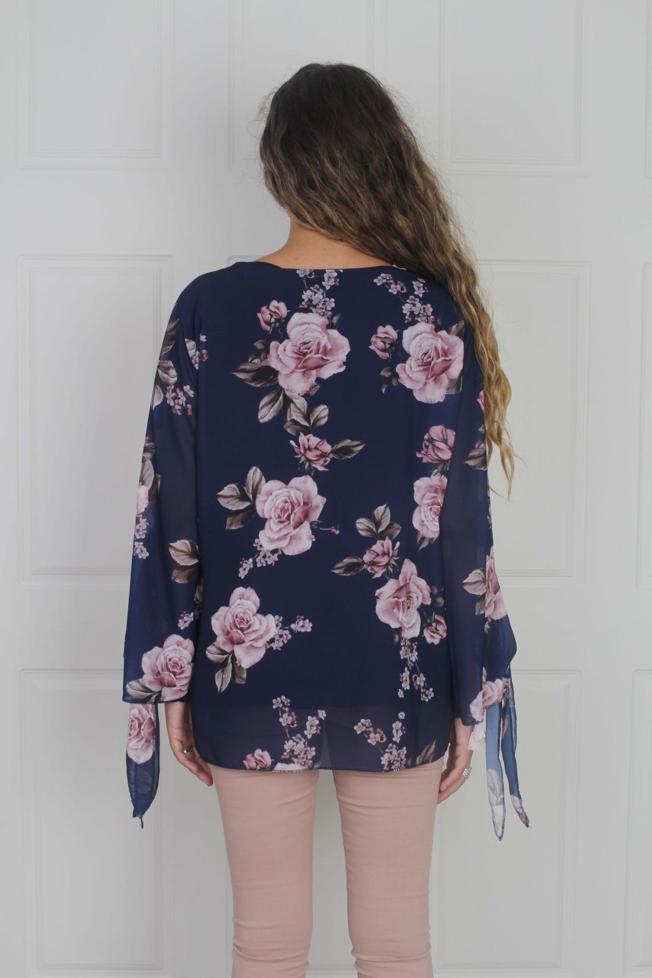 Tunika bluse med binde detalje, floral navy